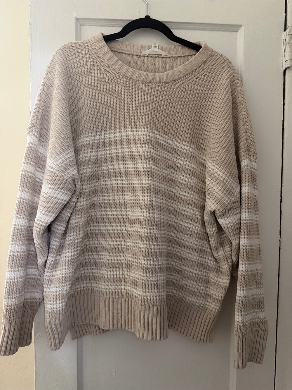 No Boundaries Beige and White Striped Crewneck Sweater